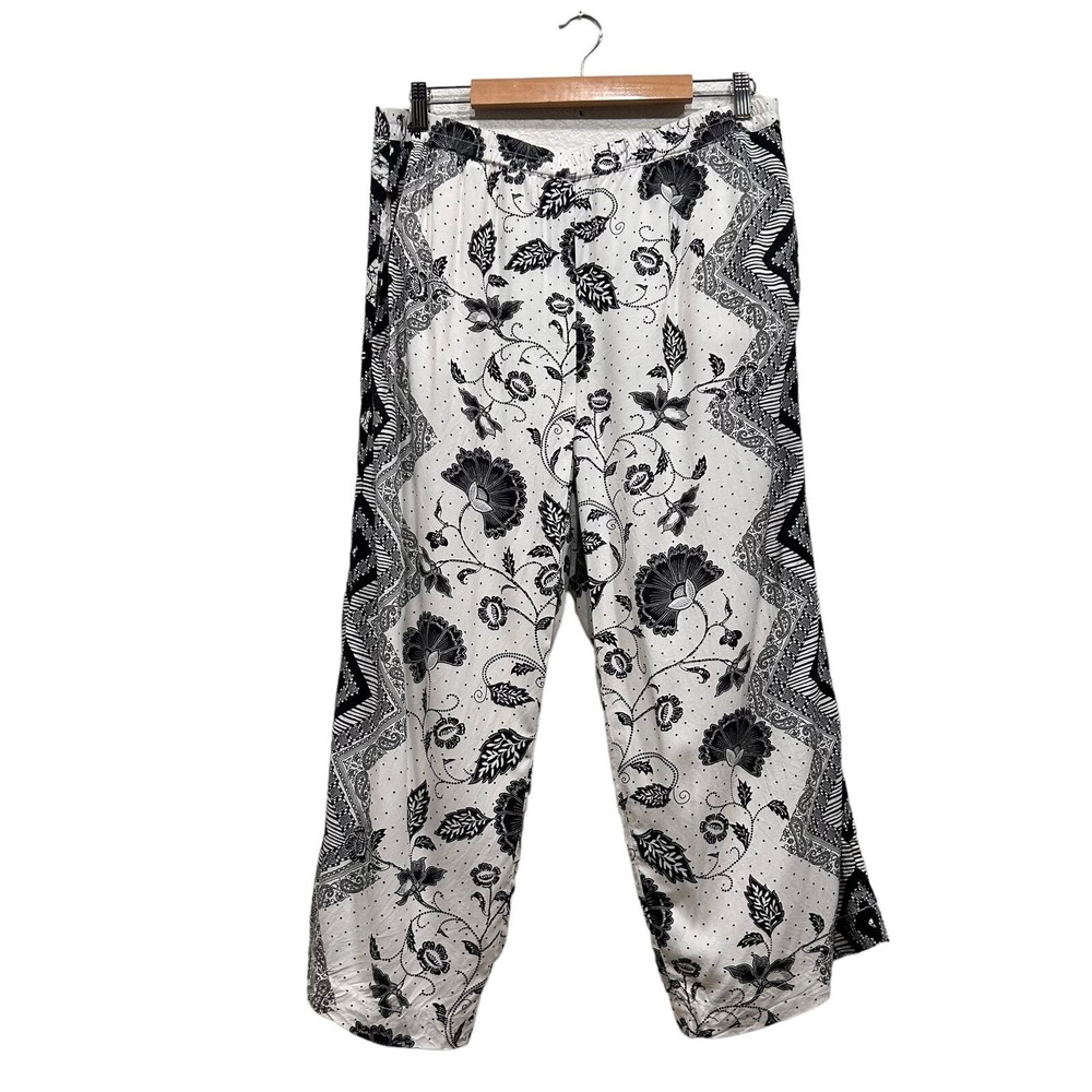 Ettitwa By Anthropologie Womens Black White Floral Elastic Waist Casual Pants XL